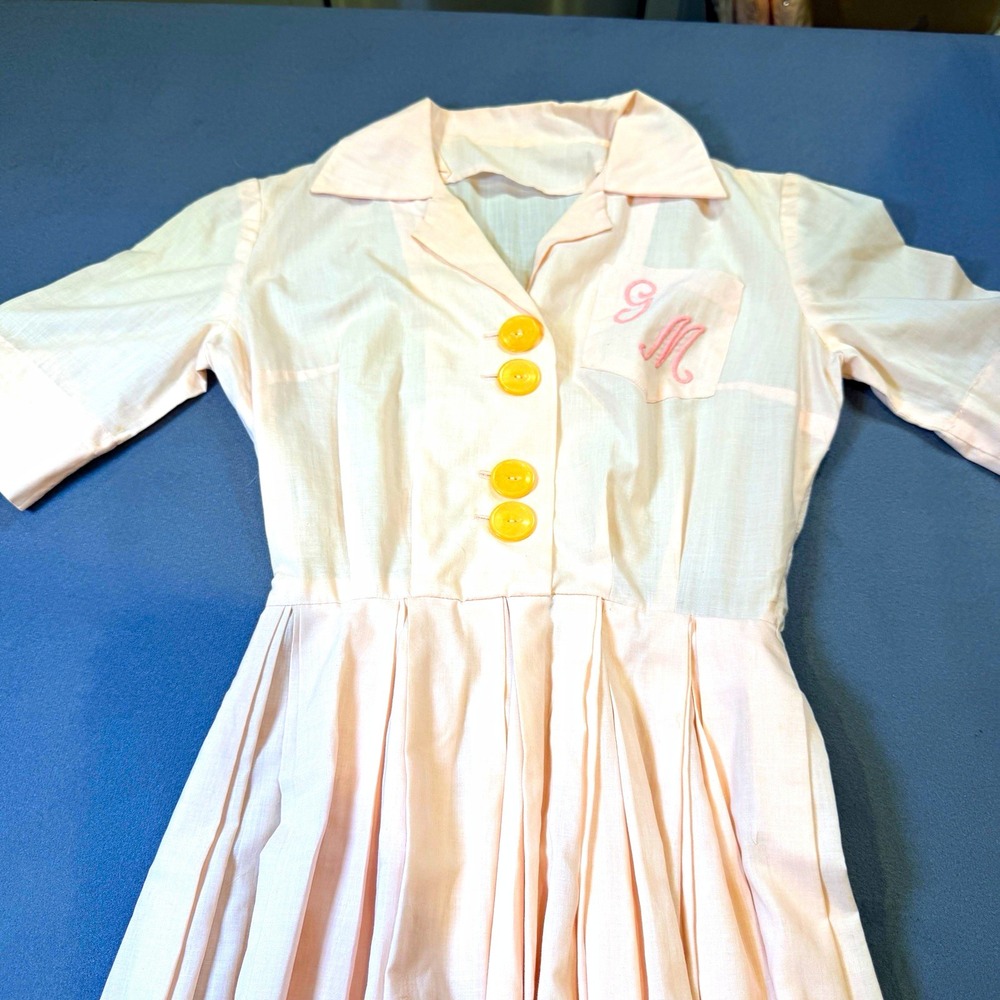 VTG 50s Handmade Monogram Shirtwaist Dress Pink Cotton Pleated Dress Mint XS